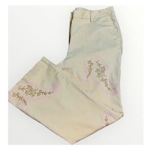 Karen Kane Cream Cotton With Pink Floral Embroidery Straight Leg Casual Pants 14